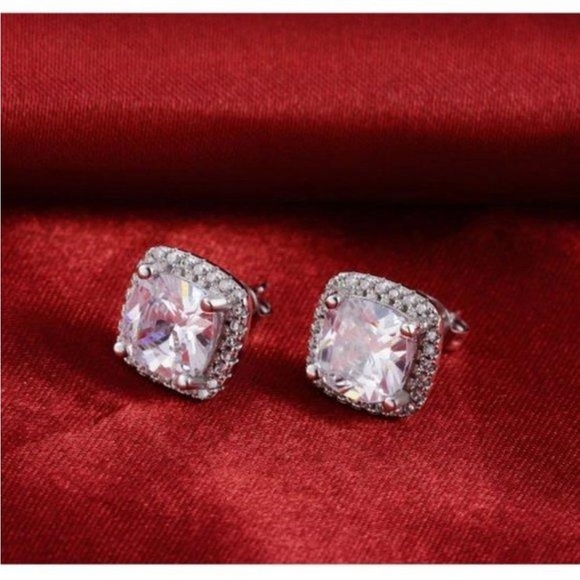 NEW Silver Cushion Diamond Halo Stud Earrings - Picture 3 of 7